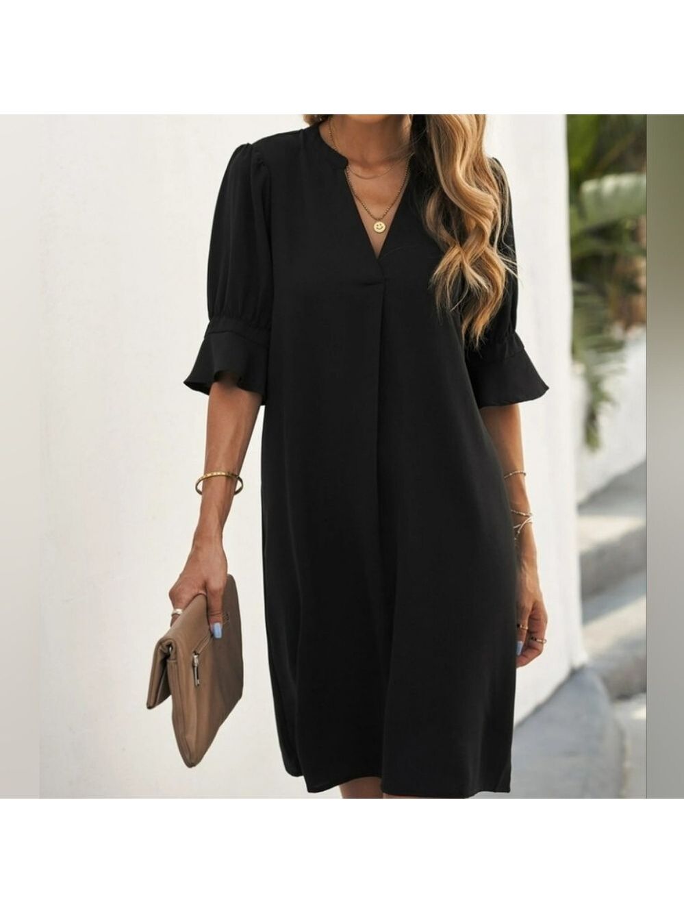 Vee Neck Short Sleeve Tunic Dress Black Size XL - Picture 1 of 9